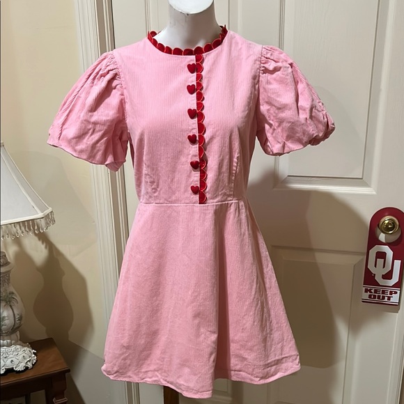 TCEC Pink Fit to Flare Mini Dress with Puff Sleeves. Size Large may run small. - Picture 4 of 15